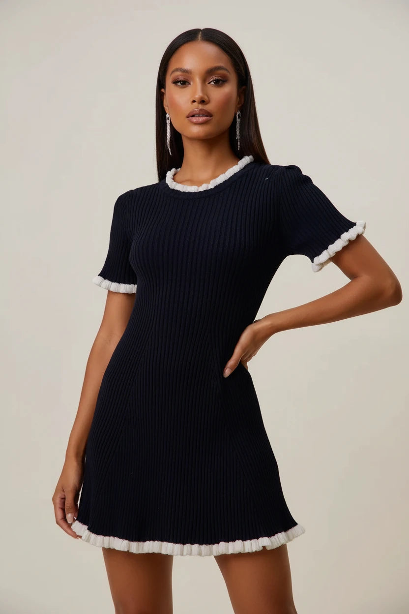 black knit dress with white trim Contrast Ruffled Sweater Mini – 7Kouture Ebay