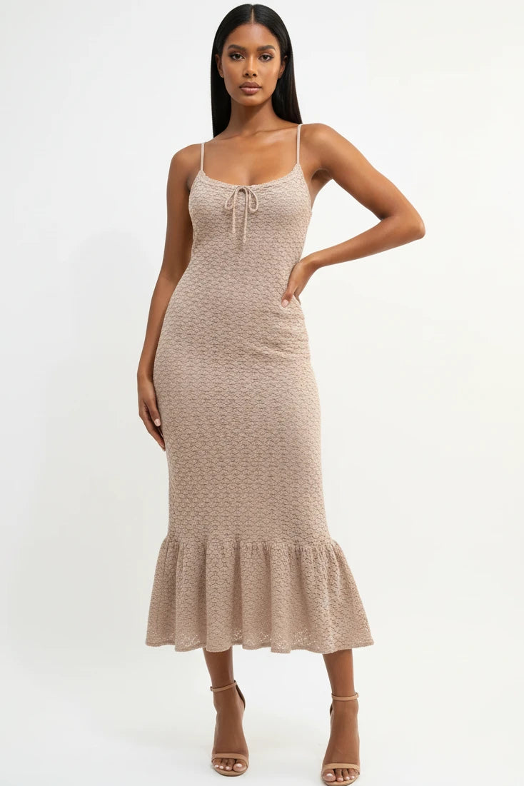 Ruffled Hem Sleeveless Crochet Knit Midi Dress, Mocha – 7Kouture