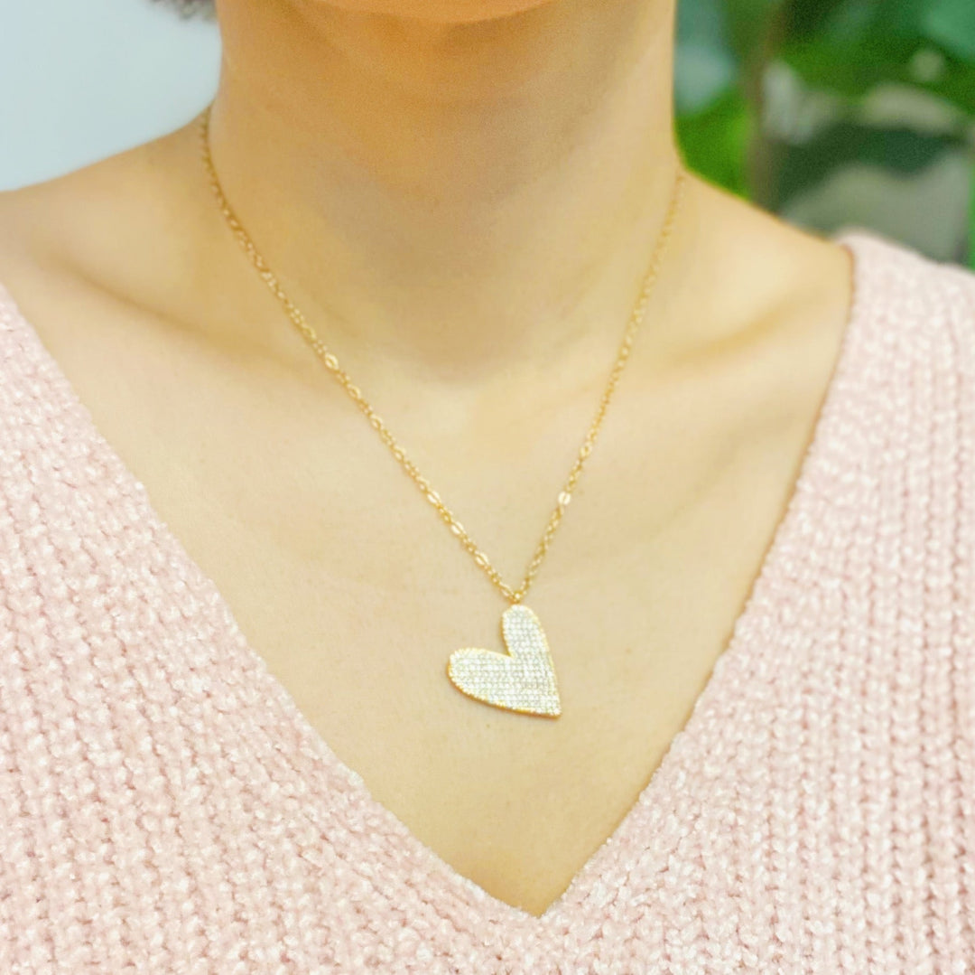 Shiny Heart Necklace With Cubic Zirconia Pave And Stainless Steel Chain 16 Inch