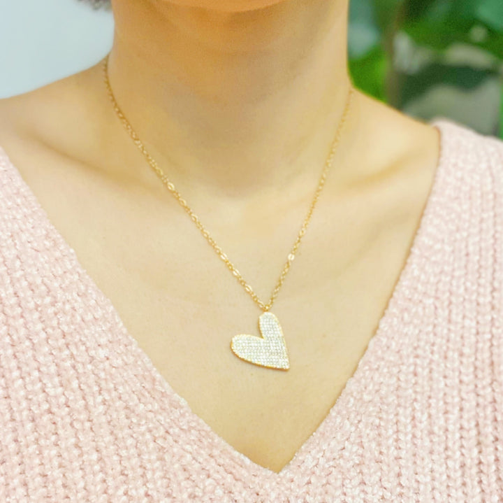 Shiny Heart Necklace With Cubic Zirconia Pave And Stainless Steel Chain 16 Inch