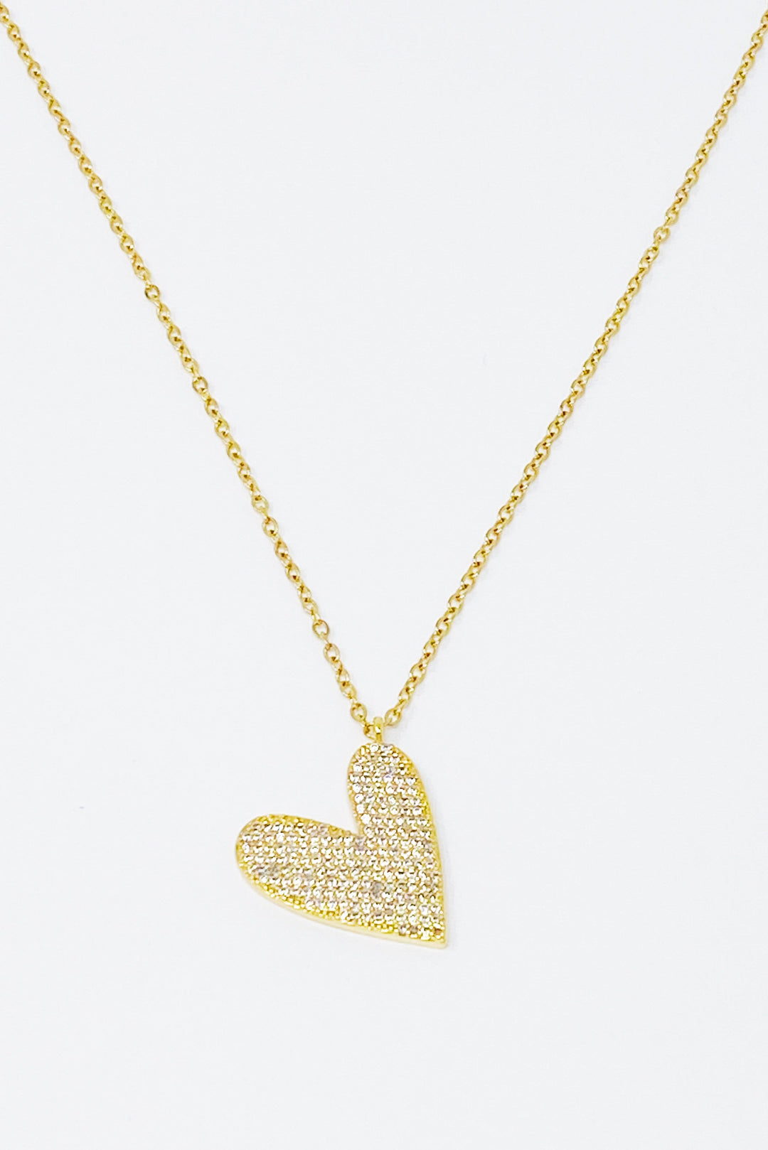 Shiny Heart Necklace With Cubic Zirconia Pave And Stainless Steel Chain 16 Inch