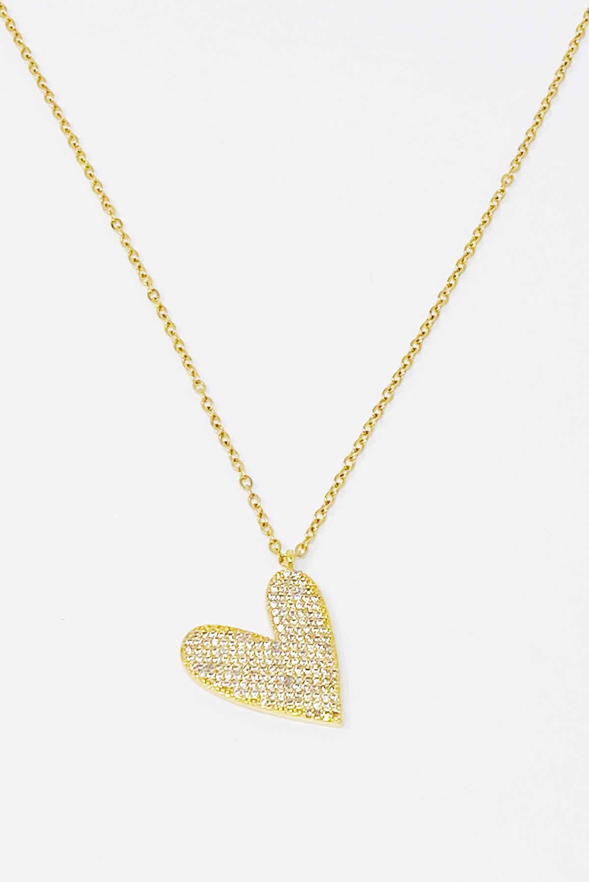 Shiny Heart Necklace With Cubic Zirconia Pave And Stainless Steel Chain 16 Inch
