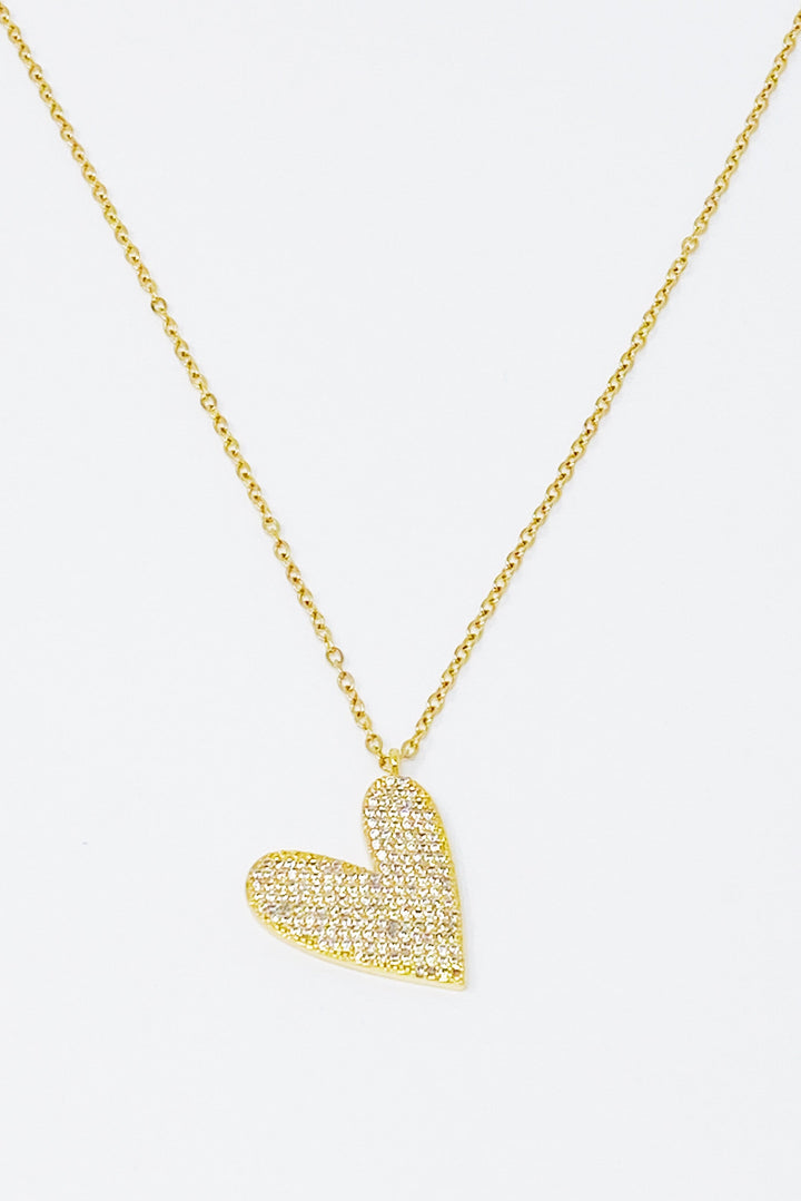 Shiny Heart Necklace With Cubic Zirconia Pave And Stainless Steel Chain 16 Inch
