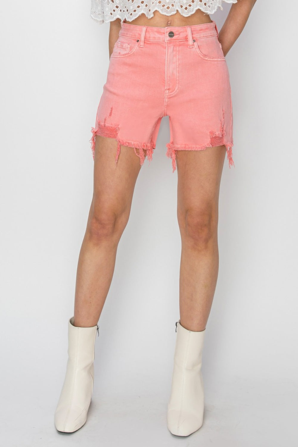 High Rise Distressed Denim Shorts, Peach