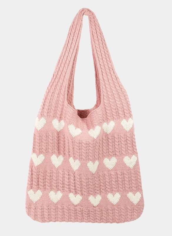 Contrast Heart Crochet Tote Bag