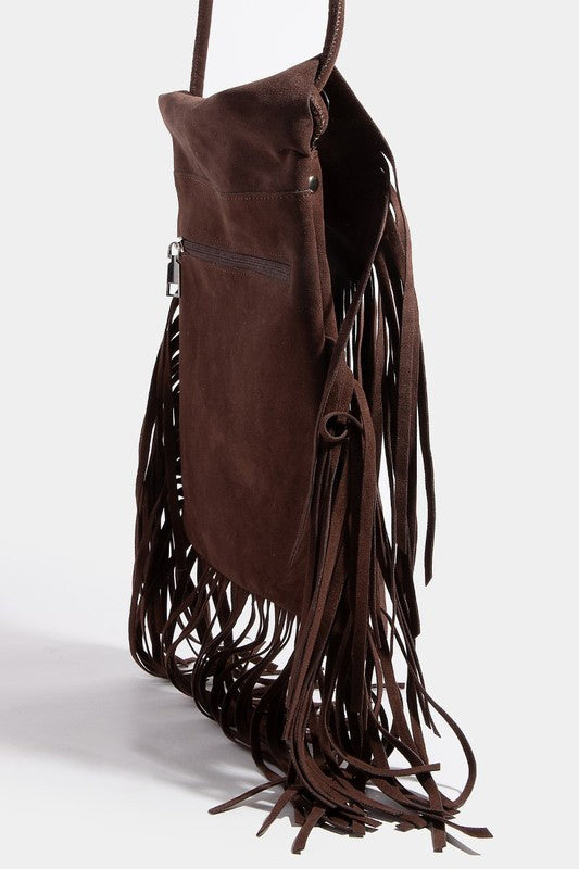 Faux Suede Fringe Rectangle Crossbody Bag