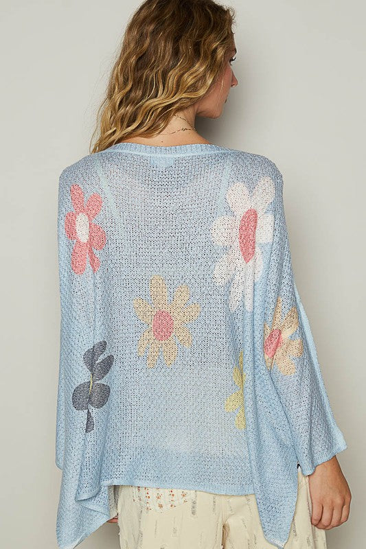 Flower Dropped Shoulder Long Sleeve Knit Top