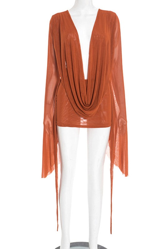 Cowl Neck Mesh Baddie Dress, Brown