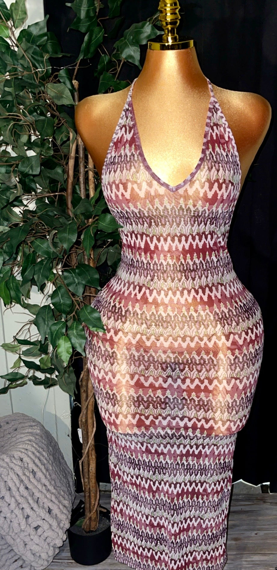 Mesh Backless Halter  Dress