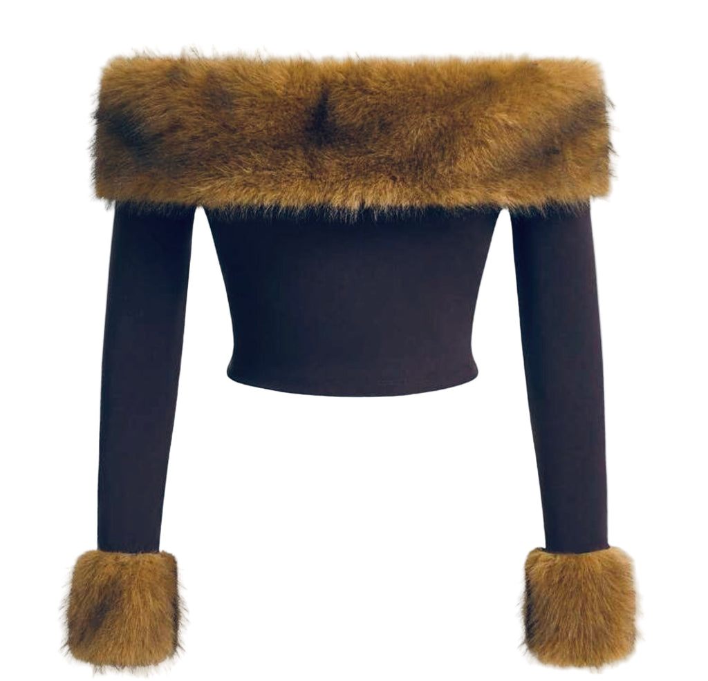Elegant faux fur detail long sleeve shirt