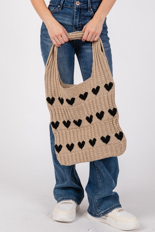 Contrast Heart Crochet Tote Bag