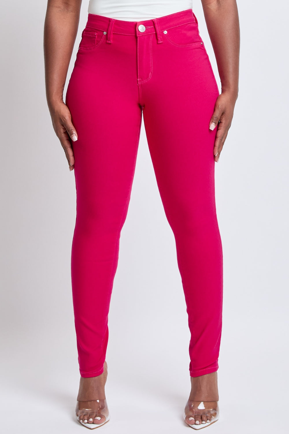 Hyperstretch Mid-Rise Skinny Jeans, Neon Pink