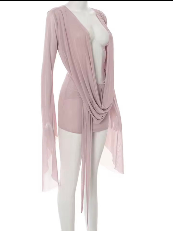 Cowl Neck Mesh Baddie Dress, Pink