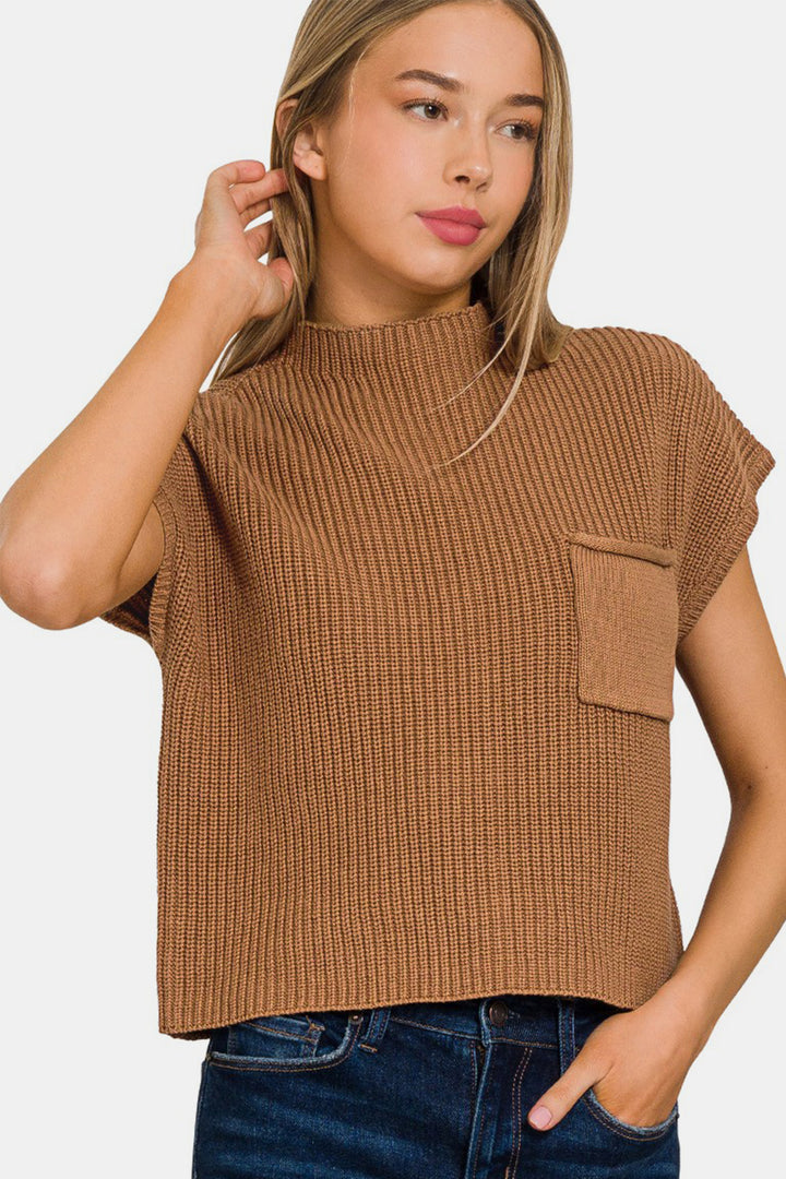 Mock Neck Short Sleeve Cropped Sweater, Brown