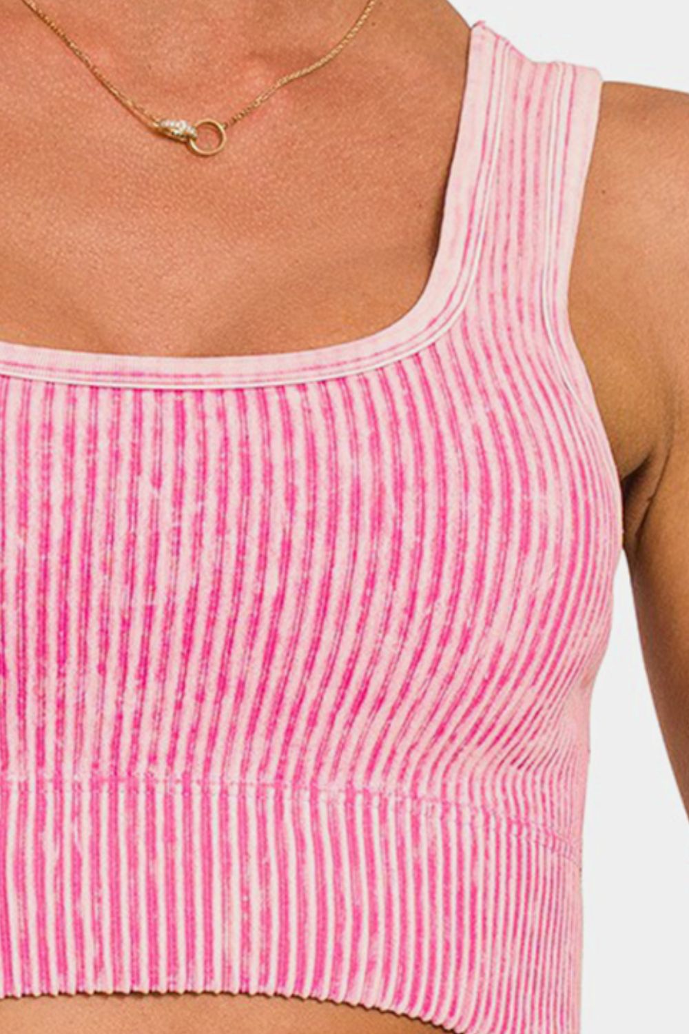 Ribbed Square Neck Wide Strap Tank, Ash Pink