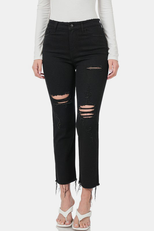 Distressed Raw Hem Cropped Jeans, Black