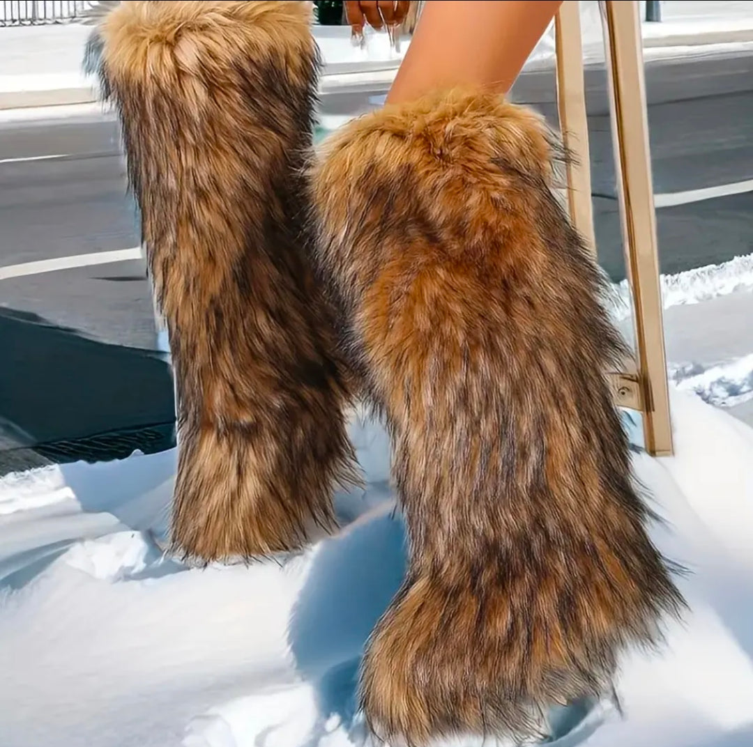 Tall Light Brown Faux Fur Fluffy Snow Boots