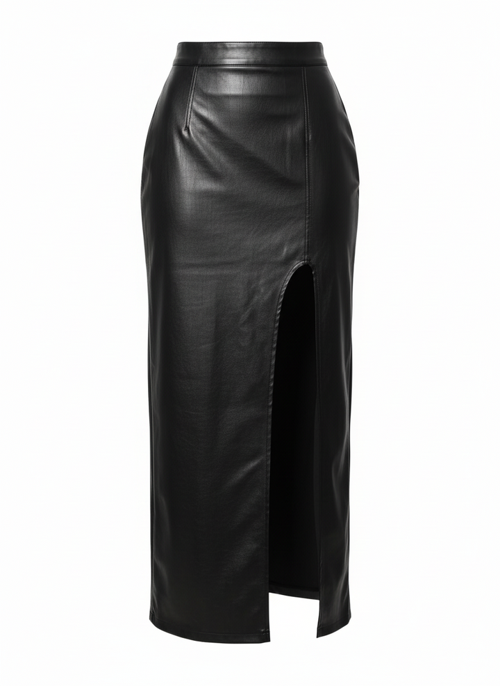 Faux Leather Side Slit Shirt, black