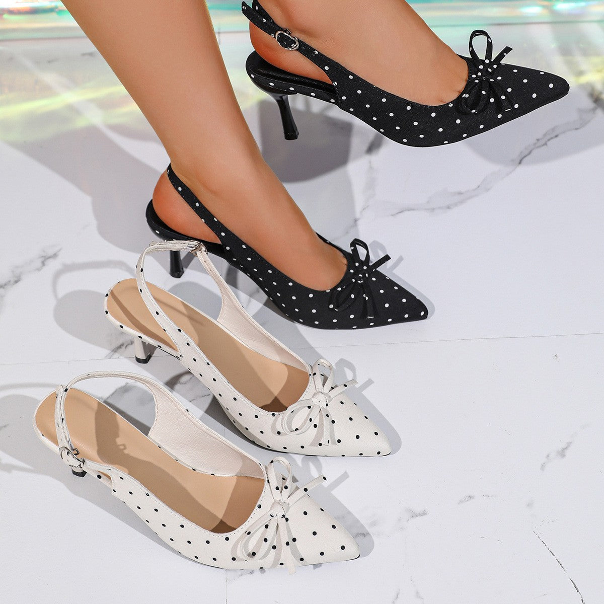 Korean-Style Pointed-Toe Polka Dot Stiletto Sandals