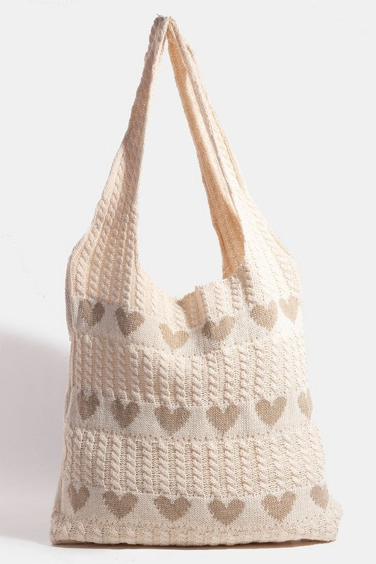 Contrast Heart Crochet Tote Bag