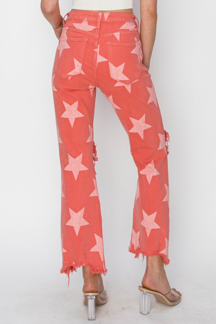 Full Size Distressed Raw Hem Star Pattern Jeans, Peach