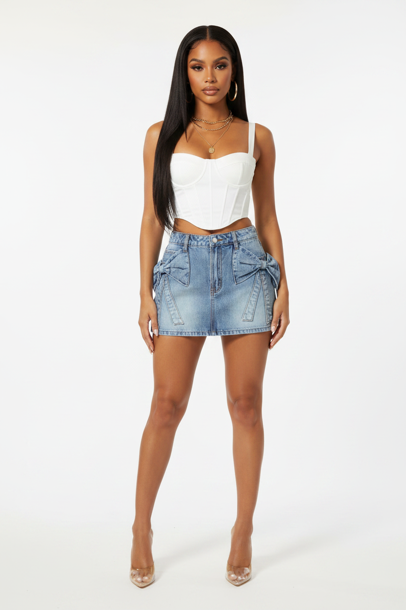 Bow Knot Pocket Denim Mini Skirt