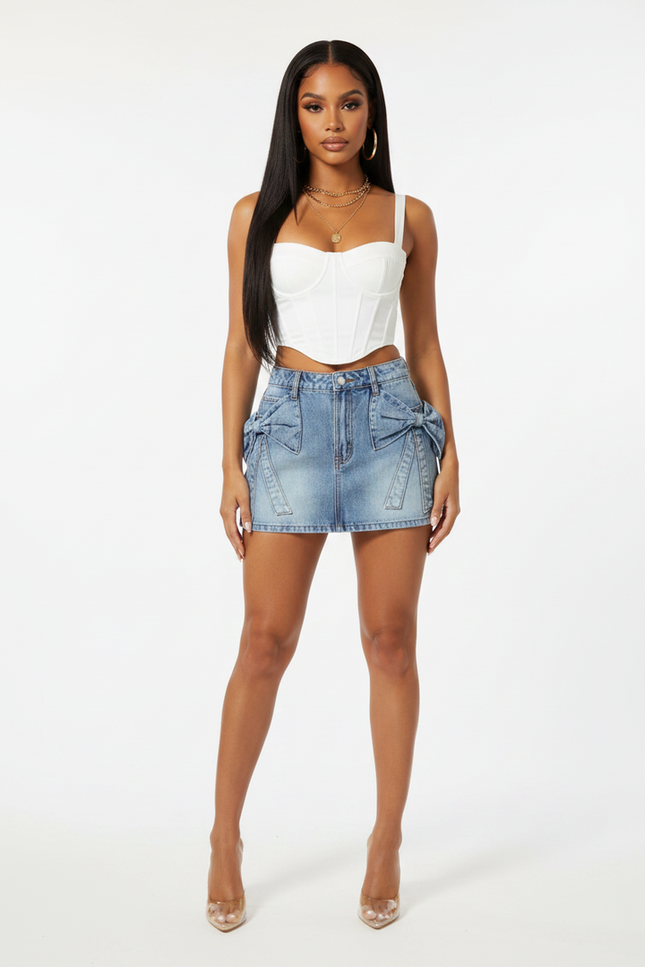 Bow Knot Pocket Denim Mini Skirt