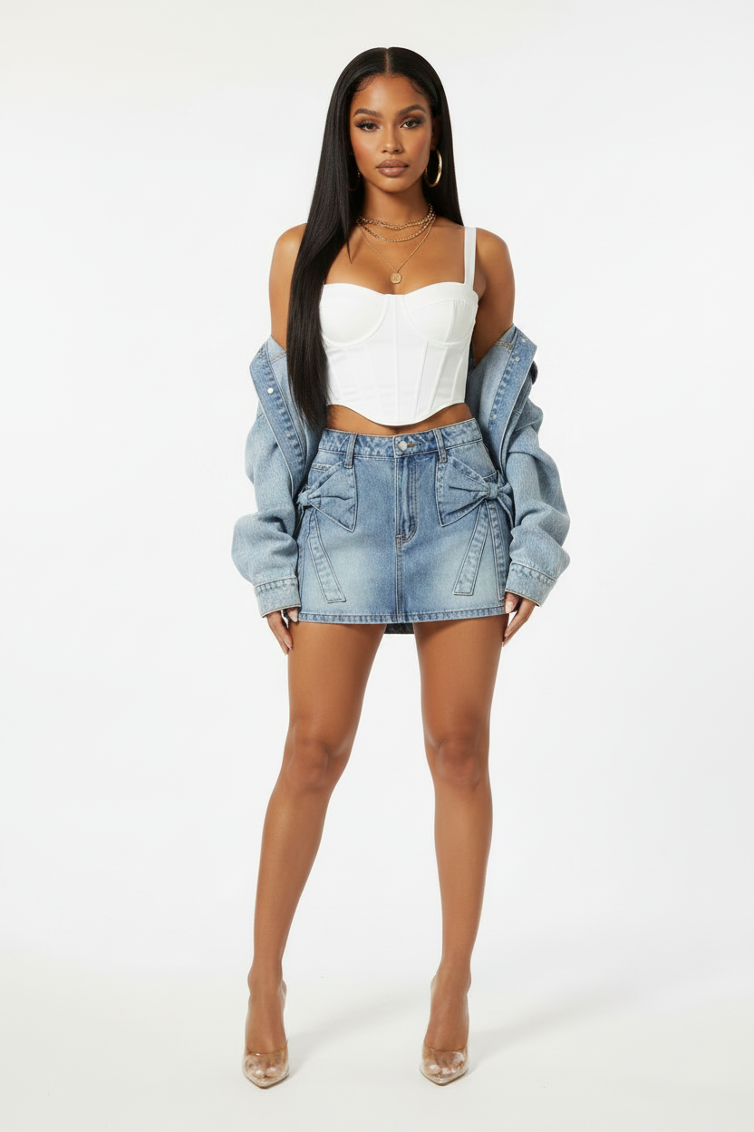 Bow Knot Pocket Denim Mini Skirt