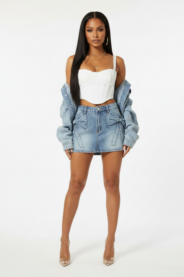Bow Knot Pocket Denim Mini Skirt