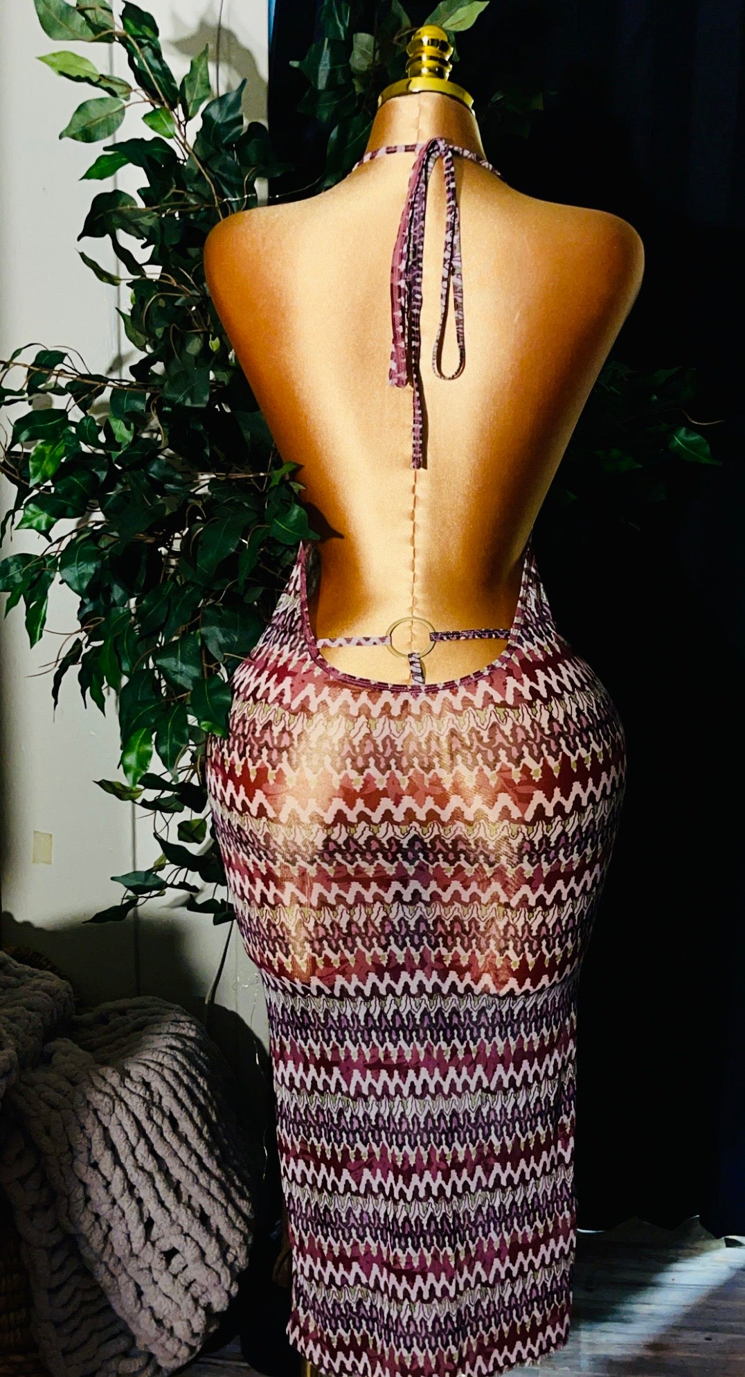 Mesh Backless Halter  Dress
