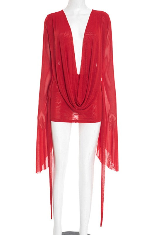 Cowl Neck Mesh Baddie Dress, Red