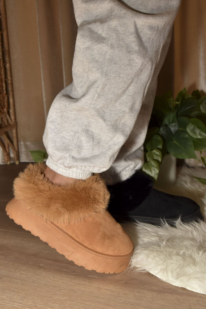 Camel Faux-Fur Platform Slip On Booties