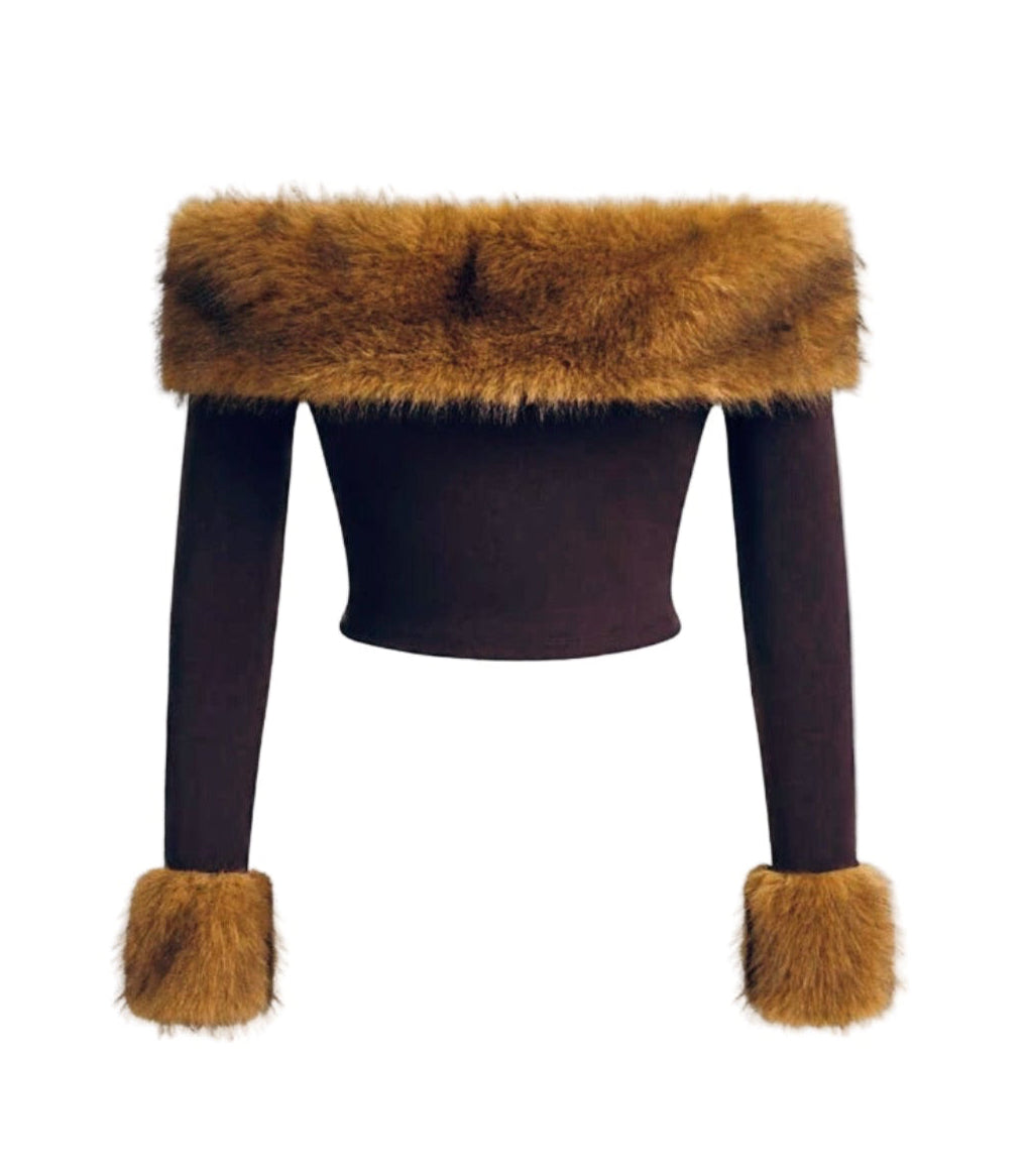 Elegant faux fur detail long sleeve shirt
