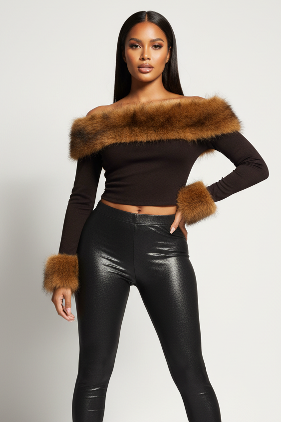 Elegant Fur detail long sleeve shirt