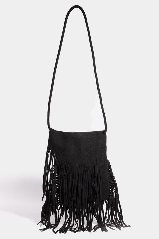 Faux Suede Fringe Rectangle Crossbody Bag