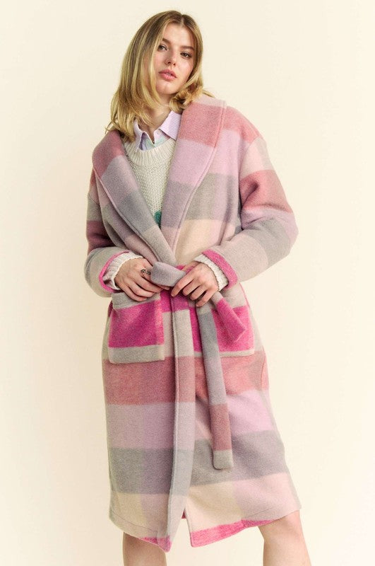 Tied Color Block Collared Neck Coat