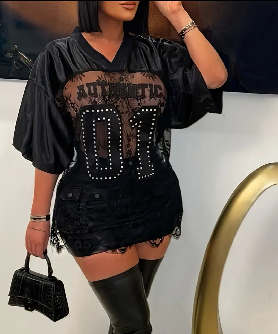Rhinestone V-Neck Tshirt Dress