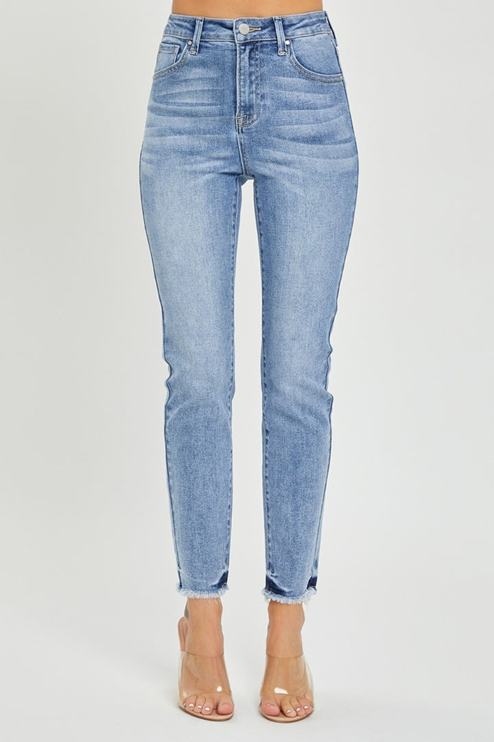 Full Size High Rise Frayed Hem Skinny Jeans