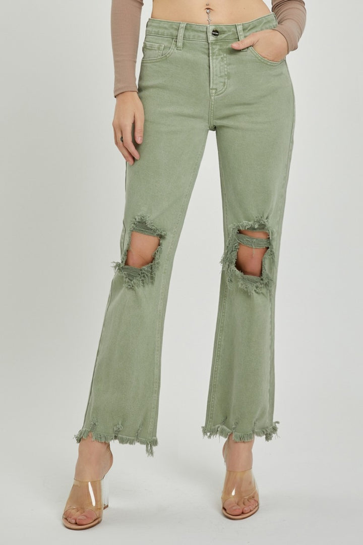 Distressed Ankle Bootcut Jeans, Olive