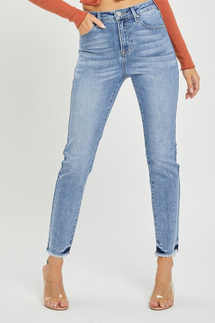 Full Size High Rise Frayed Hem Skinny Jeans