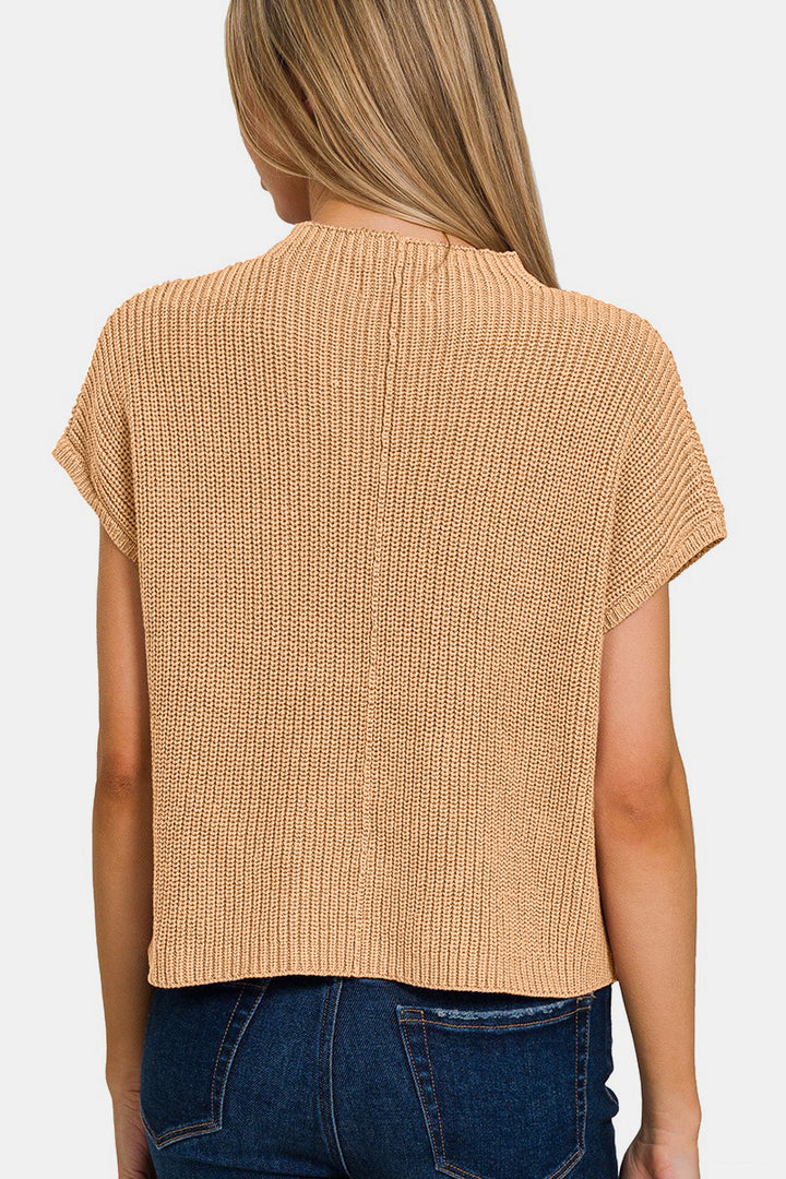 Mock Neck Short Sleeve Cropped Sweater, Tan