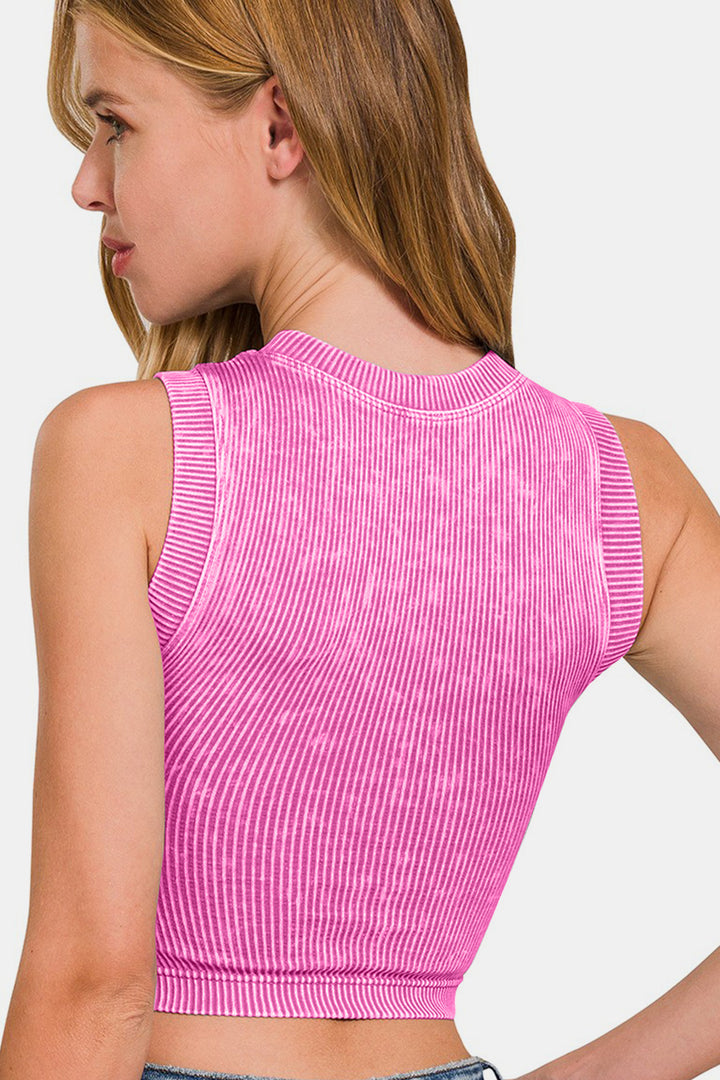 Washed Ribbed Seamless Crop Tank with Bra Pad, Pink