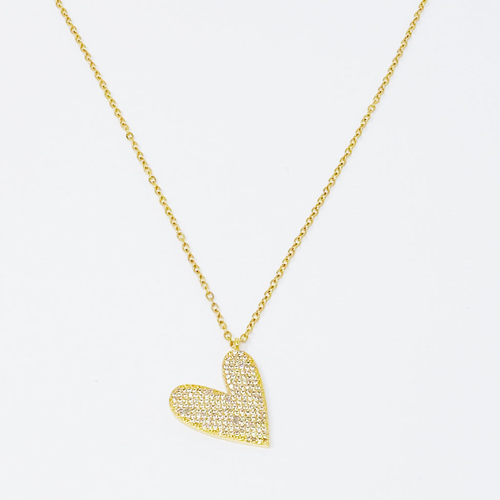 Shiny Heart Necklace With Cubic Zirconia Pave And Stainless Steel Chain 16 Inch
