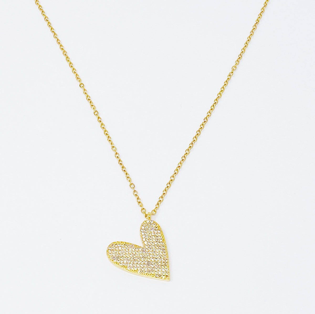 Shiny Heart Necklace With Cubic Zirconia Pave And Stainless Steel Chain 16 Inch