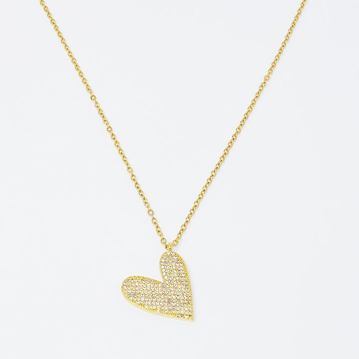 Shiny Heart Necklace With Cubic Zirconia Pave And Stainless Steel Chain 16 Inch