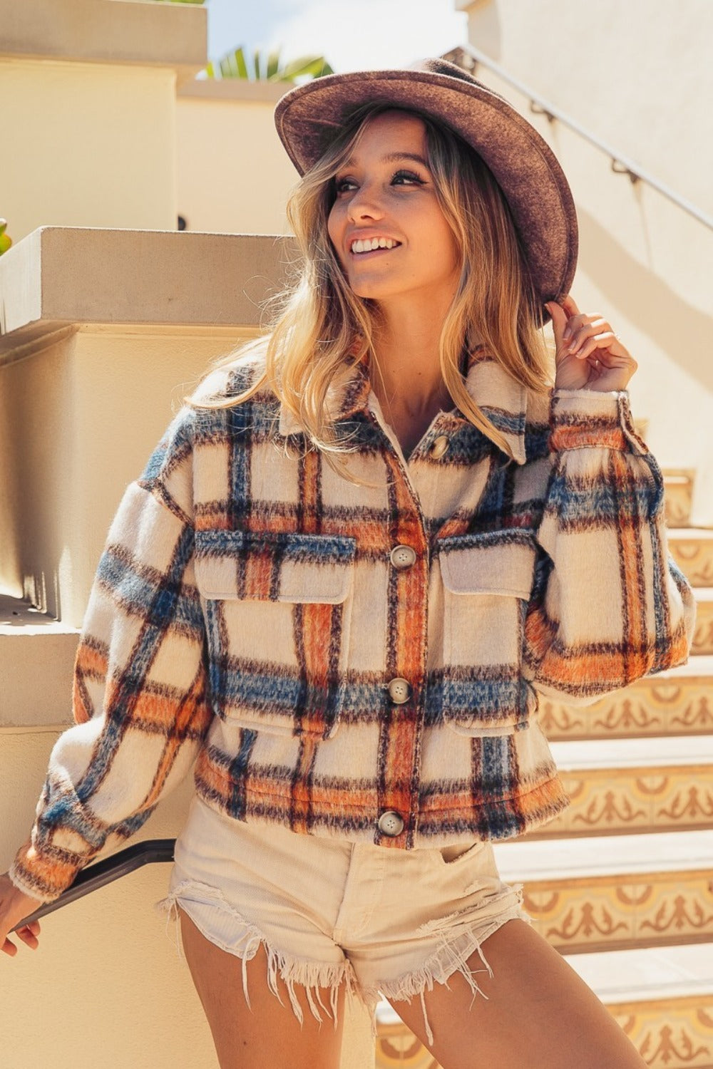 Brushed Plaid Crop Jacket with Pockets