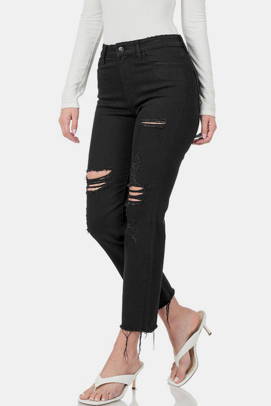 Distressed Raw Hem Cropped Jeans, Black