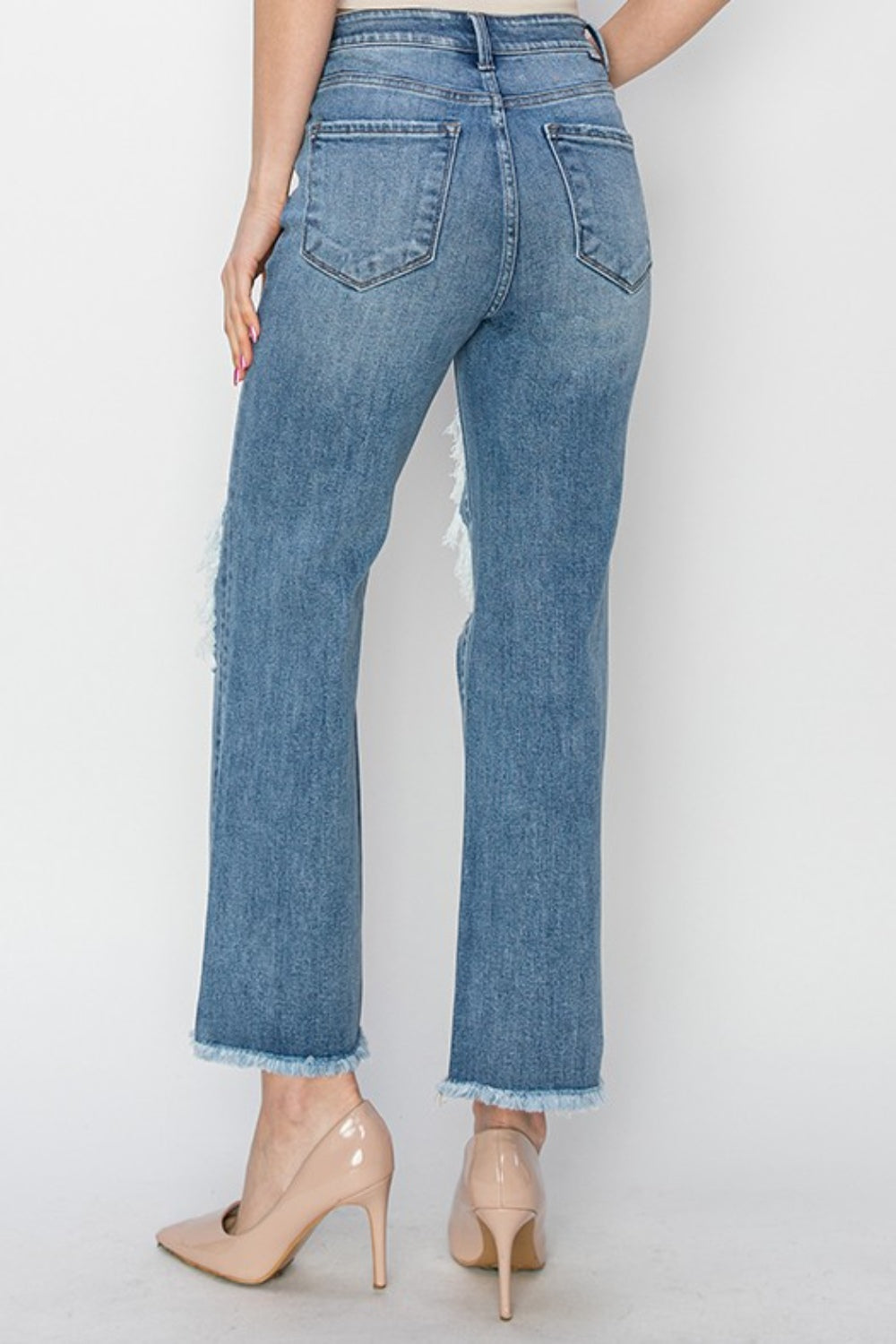 High Rise Distressed Crop Straight Jeans, Medium Blue