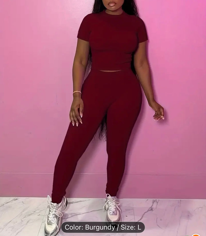 Everyday Ribbed Pants Set - Burgundy