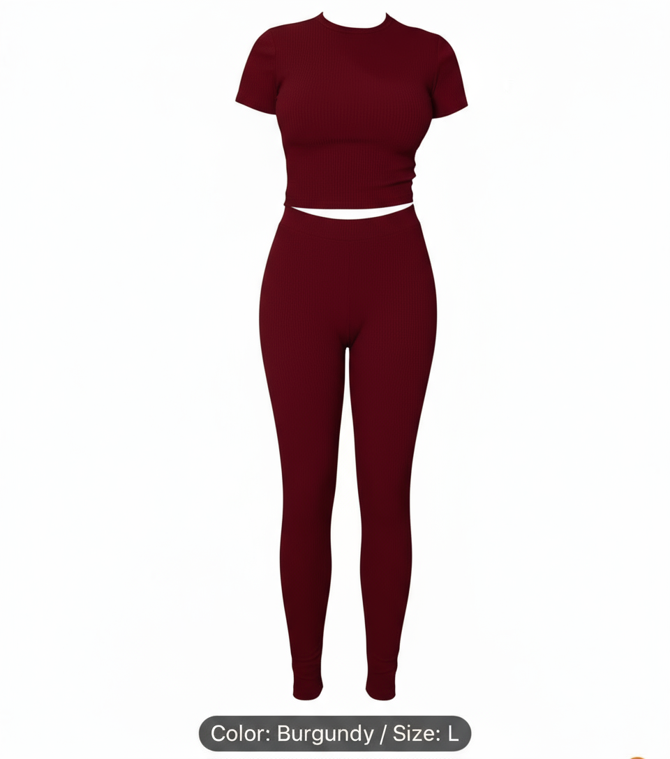 Everyday Ribbed Pants Set - Burgundy